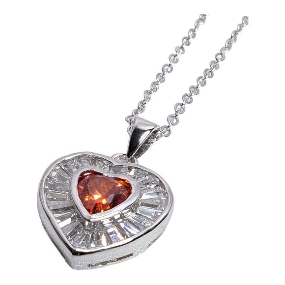 Silver Tone Red Heart Pendant Necklace with Baguette CZ Stones & Red Rhinestone - Picture 1 of 5